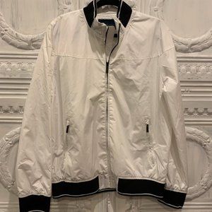 white baseball jacket black cuffs neck